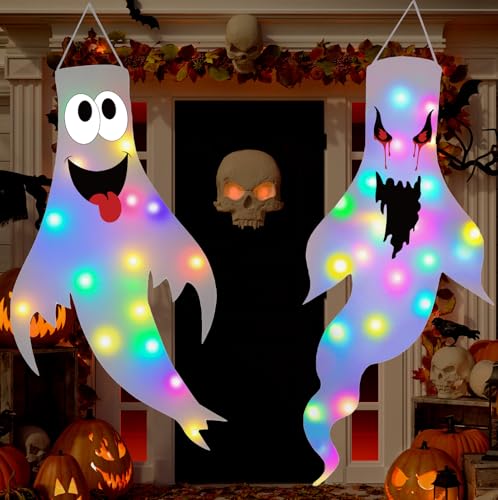 Light Up Ghost Halloween Decorations Outdoor Indoor 2 Pack - Spooky Yard Decor with LED Lights - 47.2 Inch