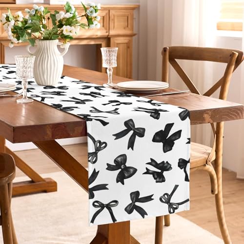 Black Bow Party Table Runner for Birthday Halloween Coquette Decor 13x72in