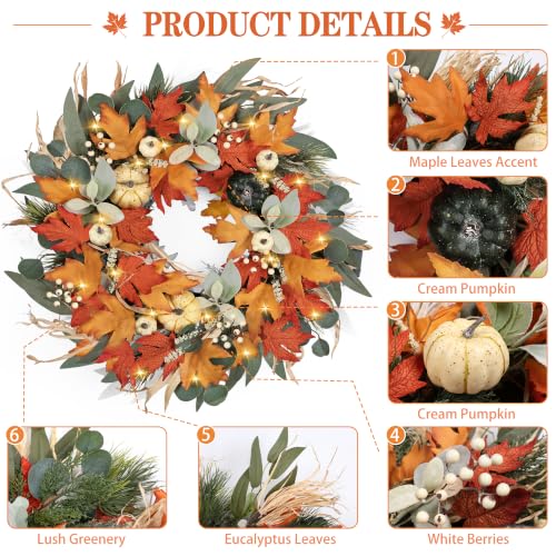 24-Inch Autumn Wreath with Lights and Timer - Fall Front Door Decor