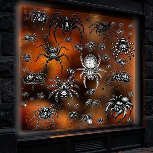Halloween Window Clings - 8 Sheets Large Black Spider Web Decals for Home & Party Decorations