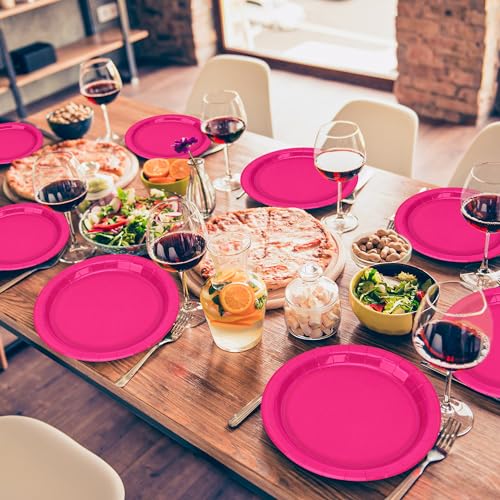 Pink Paper Plates 9 Inch - Fuchsia Disposable Tableware Set - Variation Cerise