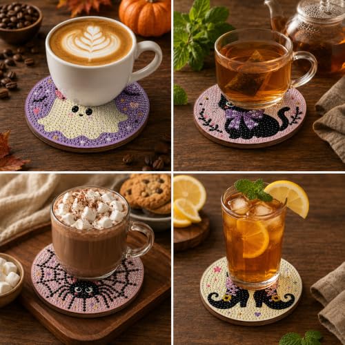 Halloween Diamond Art Coasters Set - Ghost Pumpkin Moon Black Cat Spider Web with Holder - Halloween-3
