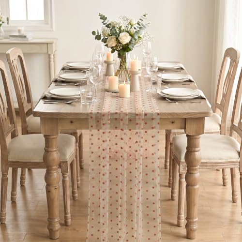 Beige Gauze Flocking Caramel Dots Table Runner 10FT for Wedding & Holiday Decor