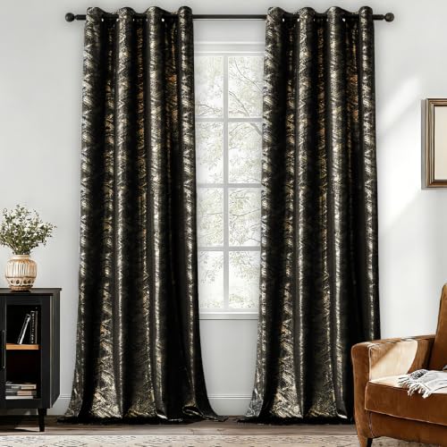 Black and Gold Velvet Curtains for Living Room - 52W x 96L, Pack of 2, Grommet Top