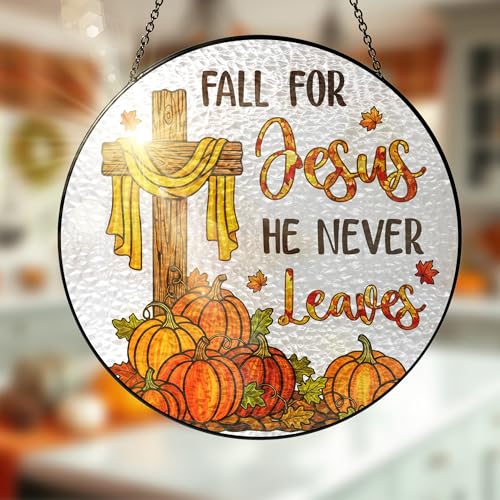 Amber Faith Autumn Stained Glass Window Hanging - 8in Christian Sun Catcher
