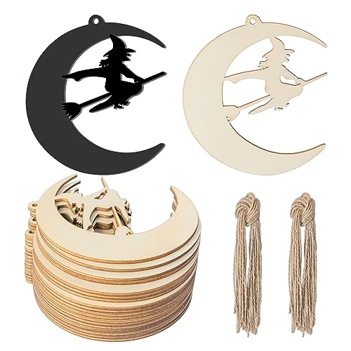 Wooden Moon Witch Ornaments for Halloween & Holiday Decorations Set of 20
