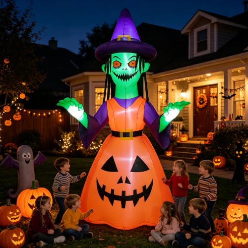 12ft Halloween Inflatable Witch Decor with LED Lights for Outdoor Yard Yard Party