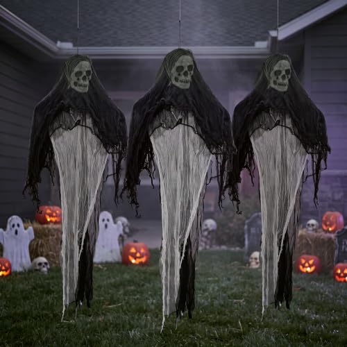 Halloween Ghost Decorations Set - 3 Hanging Grim Skeleton Ghosts Outdoor Indoor
