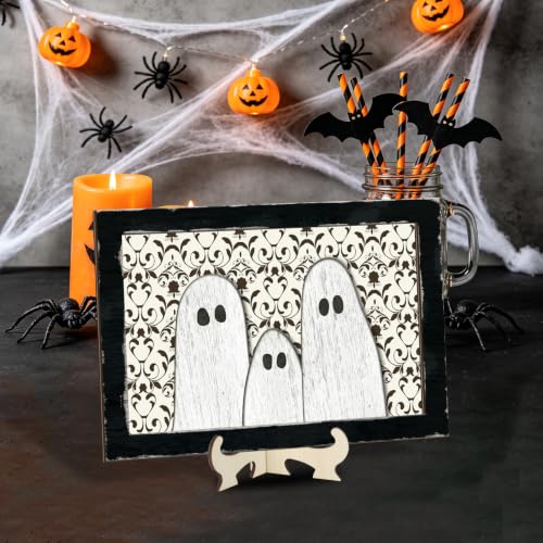 PAIVSUN Black Ghost Farmhouse Halloween Table Decor - Rustic Rustic Rustic Ghost Sign Centerpiece for Home & Party