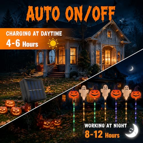 Outdoor Solar Ghost and Pumpkin Lights Set - 6pcs Halloween Pathway Decor with 3 Modes - Waterproof Landscape Lights, Orange Variation