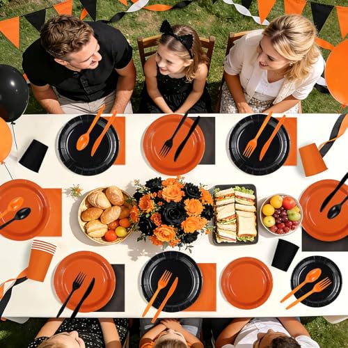 350Pcs Orange and Black Party Supplies Set for 50 Guests | Disposable Tableware Kit