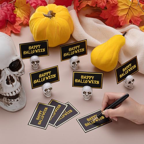 12 Set Halloween Skull Place Card Holders with 24 Name Cards - Resin Party Table Decor