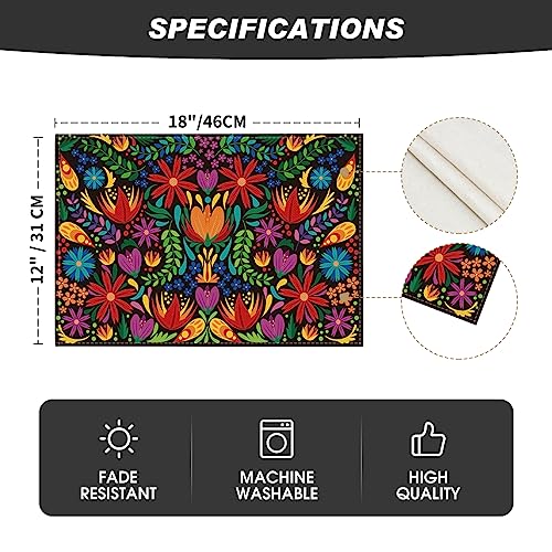 Mexican Cinco De Mayo Placemats Set of 4 - 12x18 Inch Floral Fiesta Decor, Black Variation