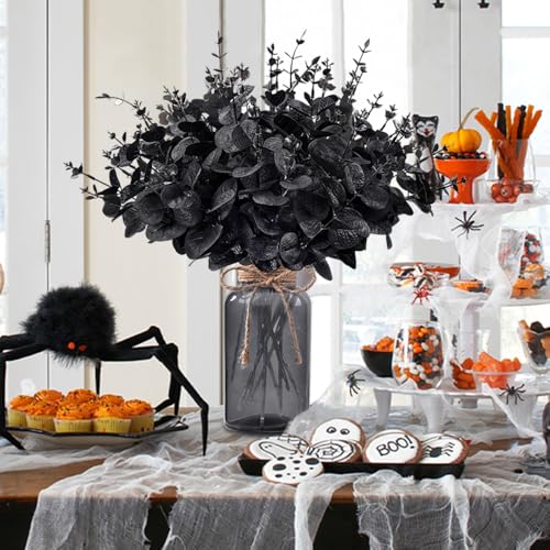 Black Eucalyptus Stems with Glass Vase - Halloween Table Decor, Variation: Black With Vase