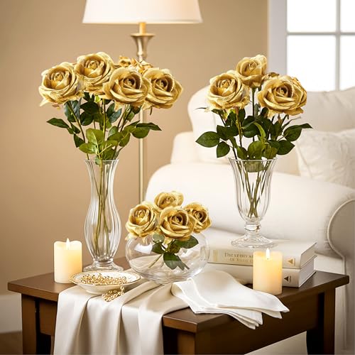 Gold Artificial Roses Bouquet - 14 Silk Roses with Bendable Stems