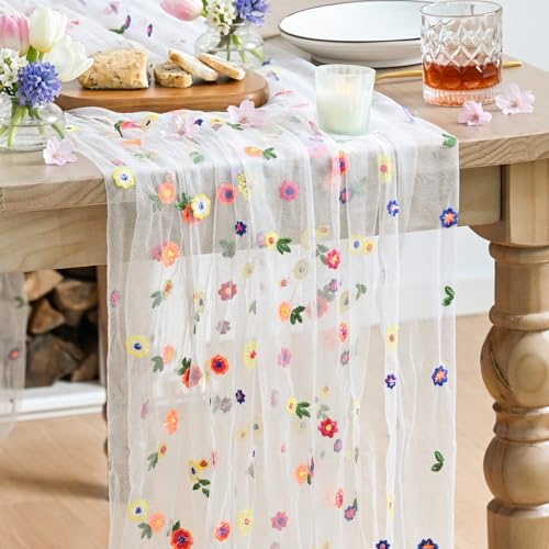 Embroidery Daisy Gauze Table Runner 28 x 120 Inch - 6 Pack Ivory