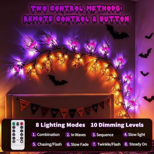 6FT Halloween Willow Vine Garland with 48 LED Bat & Pumpkin Lights - Remote & Timer