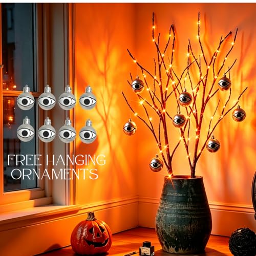Halloween Lighted Tree Branches with Timer - 32 Inch Orange Fairy Lights, Indoor & Outdoor Decor