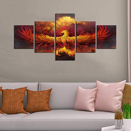 Fire Phoenix Wall Art Canvas - 50x24 Inch Stretched Ready to Hang - Heraldic Style Wall Decor - Variation of Artwork-01