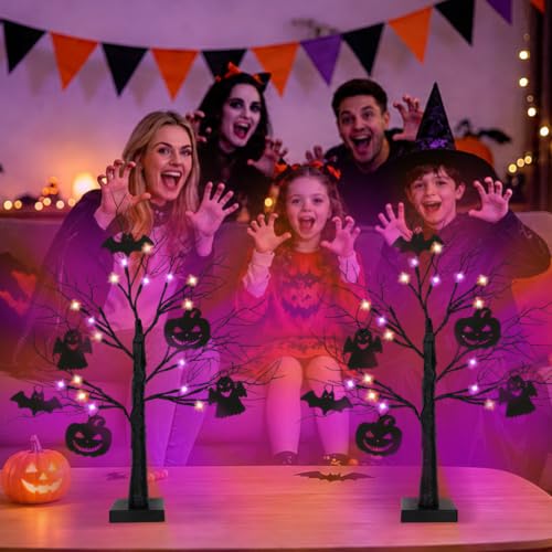 Black Halloween Tree Set with LED Lights, Ornaments & Timer - 24 Inch