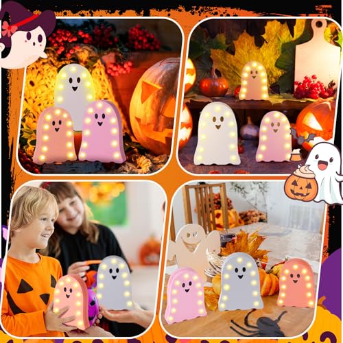 Halloween Ghost LED Table Centerpiece Set - Pink & White Wooden Decor for Home & Party