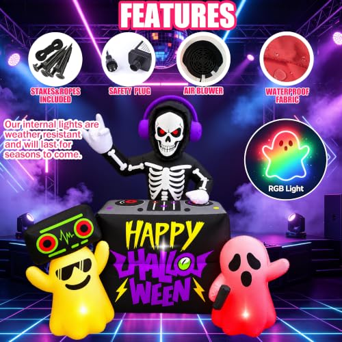 6FT Halloween Inflatable DJ Skeleton Yard Decor with Lights & Ghosts