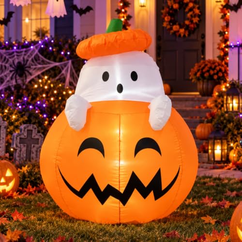 Inflatable Ghost Pumpkin Halloween Yard Decoration - 4ft Outdoor Blow Up Decor - Pumpkin Ghost Variation