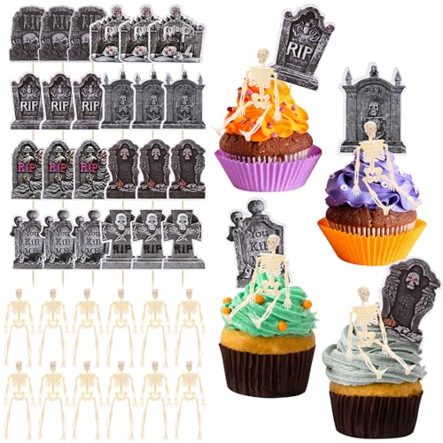 Halloween Cupcake Toppers 36 Pack Tombstone Skeleton Cake Decorations