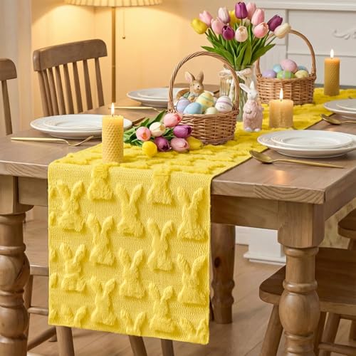 Yellow Plush Faux Fur Bunny Rabbit Easter Table Runner 13x72 Inch - Seasonal Kitchen Decor