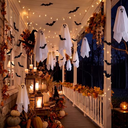 Halloween Hanging Ghosts and Bats Decoration Set with LED String Lights - Indoor Outdoor Festive Decor