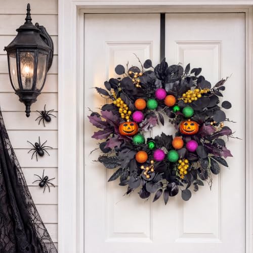 24-Inch Halloween Front Door Wreath with Pumpkins & Eucalyptus Decor