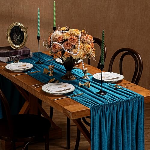 Peacock Blue Velvet Table Runner 20x120 Inches Set of 2 for Weddings & Events - Luxurious Decor