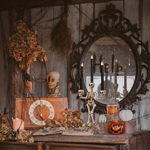 White Skeleton Candelabra with Black LED Candles Set - Gothic Halloween Decor
