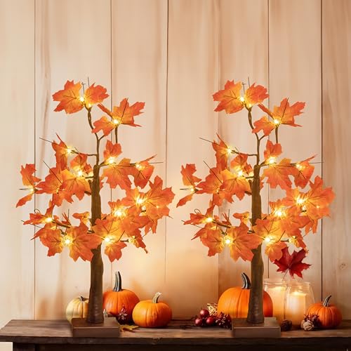 2-Pack 24-Inch Lighted Fall Maple Trees for Thanksgiving & Holiday Decor