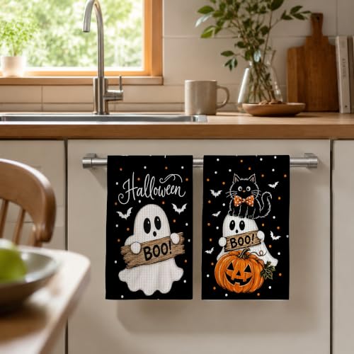Ghost Cat Boo Kitchen Towels Set of 2 Halloween Dish Towels - Spooky Cat & Pumpkin Design