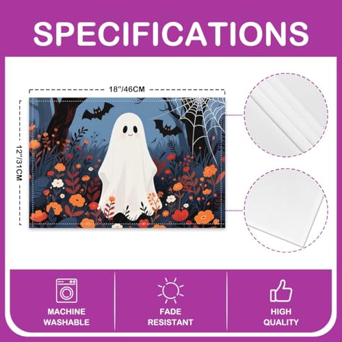 Halloween Ghost Placemats Set of 4 - Watercolor Flower Leaves & Bats, Kids & Kids Girls, Color 05, 12x18 inches
