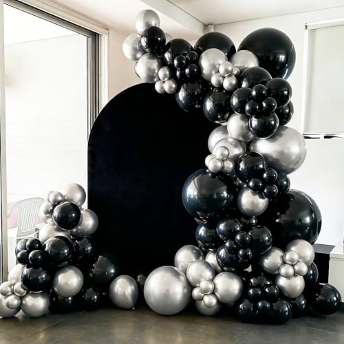 Black Silver Balloons Set - 12 Inch, 100 Pack with Ribbons - Variation of Black Silver