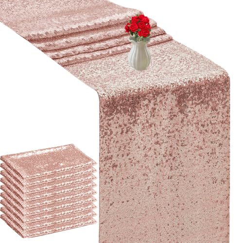 Rose Gold Table Runners 10 Pcs - Sequin Party Decor for Weddings & Events