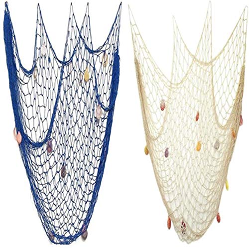 Blue & Beige Handmade Fish Net Decoration 79x59in Nautical Wall Decor