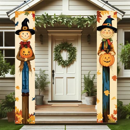 Halloween Porch Banners Set of 2 - Welcome Signs with Pumpkins & Bats, 71x12 Inch, Outdoor Yard Decorations, Spooky Wall Hangings, Variation of Signs with Pumpkins and Bats
