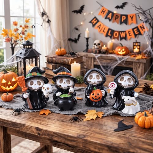 Halloween Skeleton Figurines Set of 4 - Black Mini Spooky Decor for Table, Shelf & Mantel