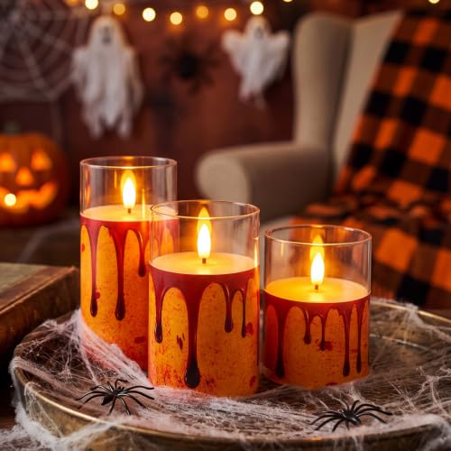 Halloween Flameless Blood Dripping Candles Set of 3 - 4in, 5in, 6in Red Flickering LED Decor
