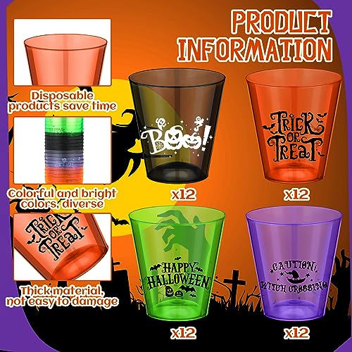 48 Pack Colorful Halloween Plastic Shot Glasses 2oz with Pumpkin & Witch Designs