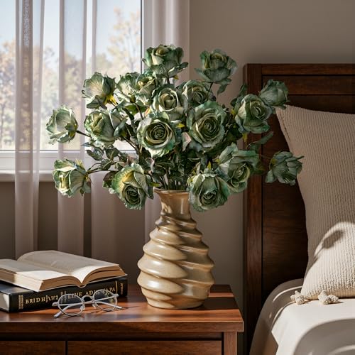 Artificial Roses Fake Flowers 20PCS Long Stem Silk Roses for Vase Green - Autumn Decor