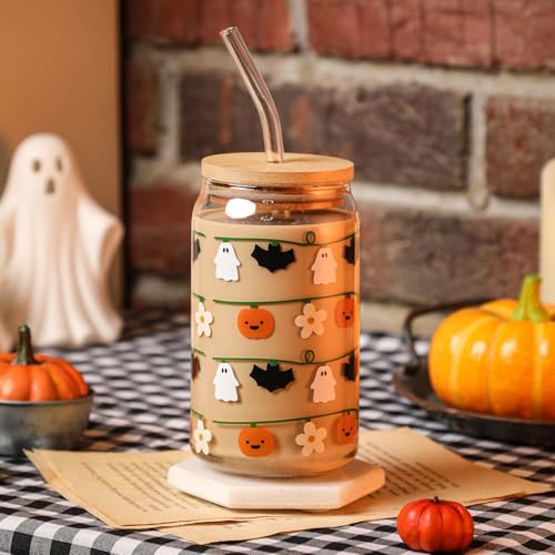 Halloween Glass Pumpkin Iced Coffee Cup with Lids & Straws - Multicolor 16oz