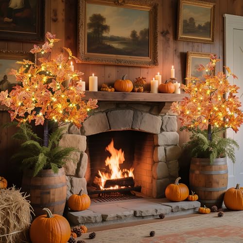 Artificial Fall Maple Tree with 144 Warm White LED Lights - 4FT Orange Indoor Outdoor Decoration - Variation 4FT-2