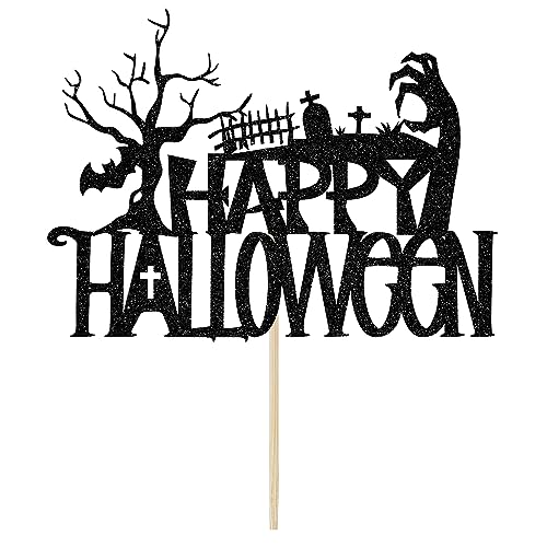 Halloween Cake Topper Black Glitter Spooky Haunted House Decor for Birthday & Party