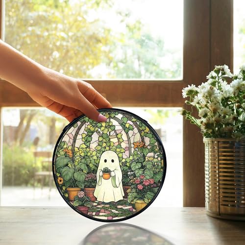 Halloween Ghost Stained Glass Window Hanging - Indoor Sun Catcher, 7.9 Inch