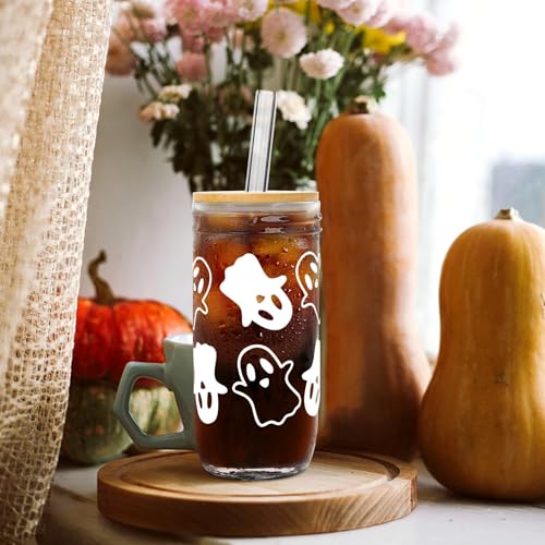 White Ghost Mason Jar Drink Cups Set - 24oz Halloween Tumblers with Lids & Straws