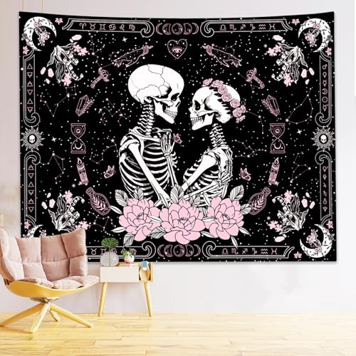Pink & Black Gothic Skull Tapestry for Bedroom - Witchy Wall Decor 60 x 44 inches